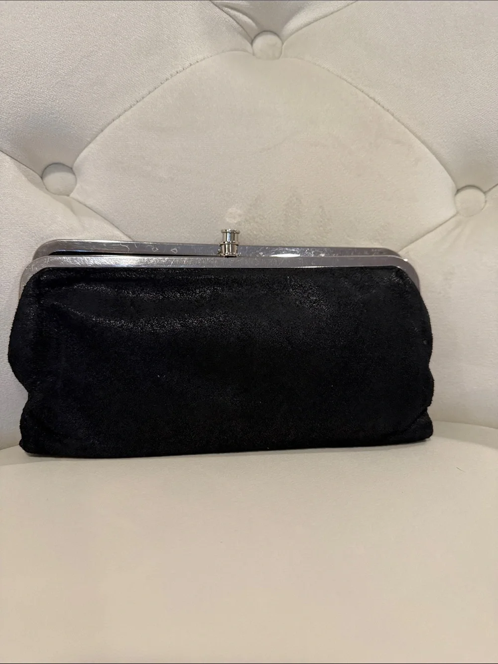 Classic HOBO Black Suede Clutch Bag / wallet with Silver Frame